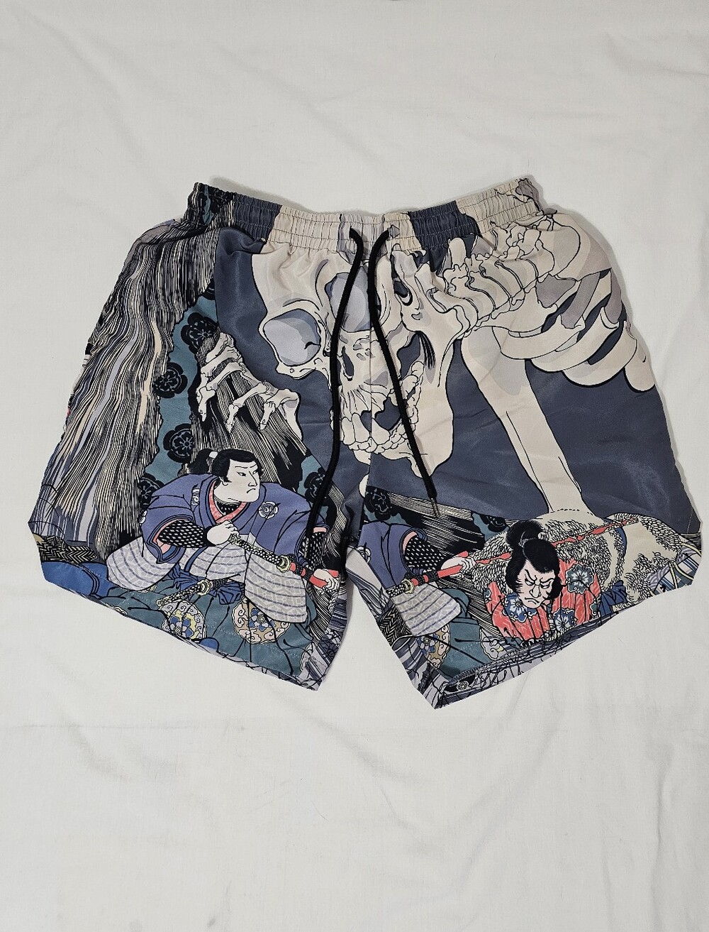 Rebel Varsity Japanese Samurai Skeleton Graphic Swim Trunks Shorts Size L Street